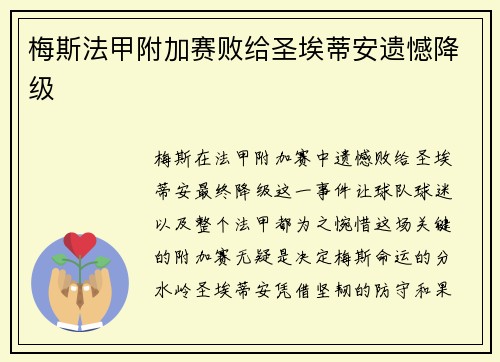 梅斯法甲附加赛败给圣埃蒂安遗憾降级