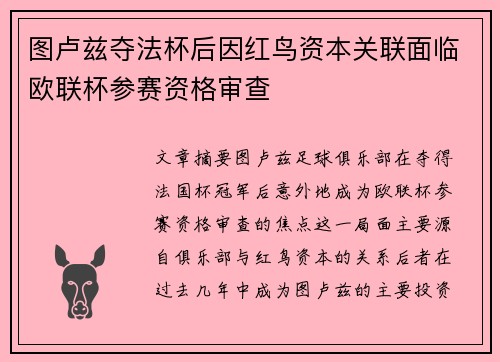 图卢兹夺法杯后因红鸟资本关联面临欧联杯参赛资格审查